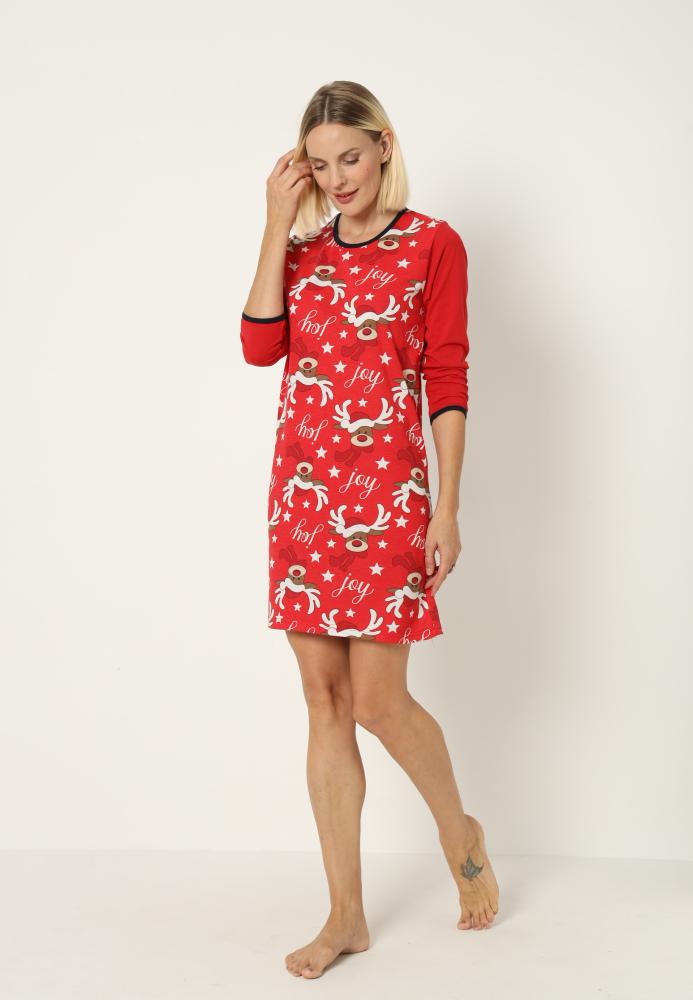 Camasa de noapte Craciun,imprimeu reni,culoare rosu ,En-gros